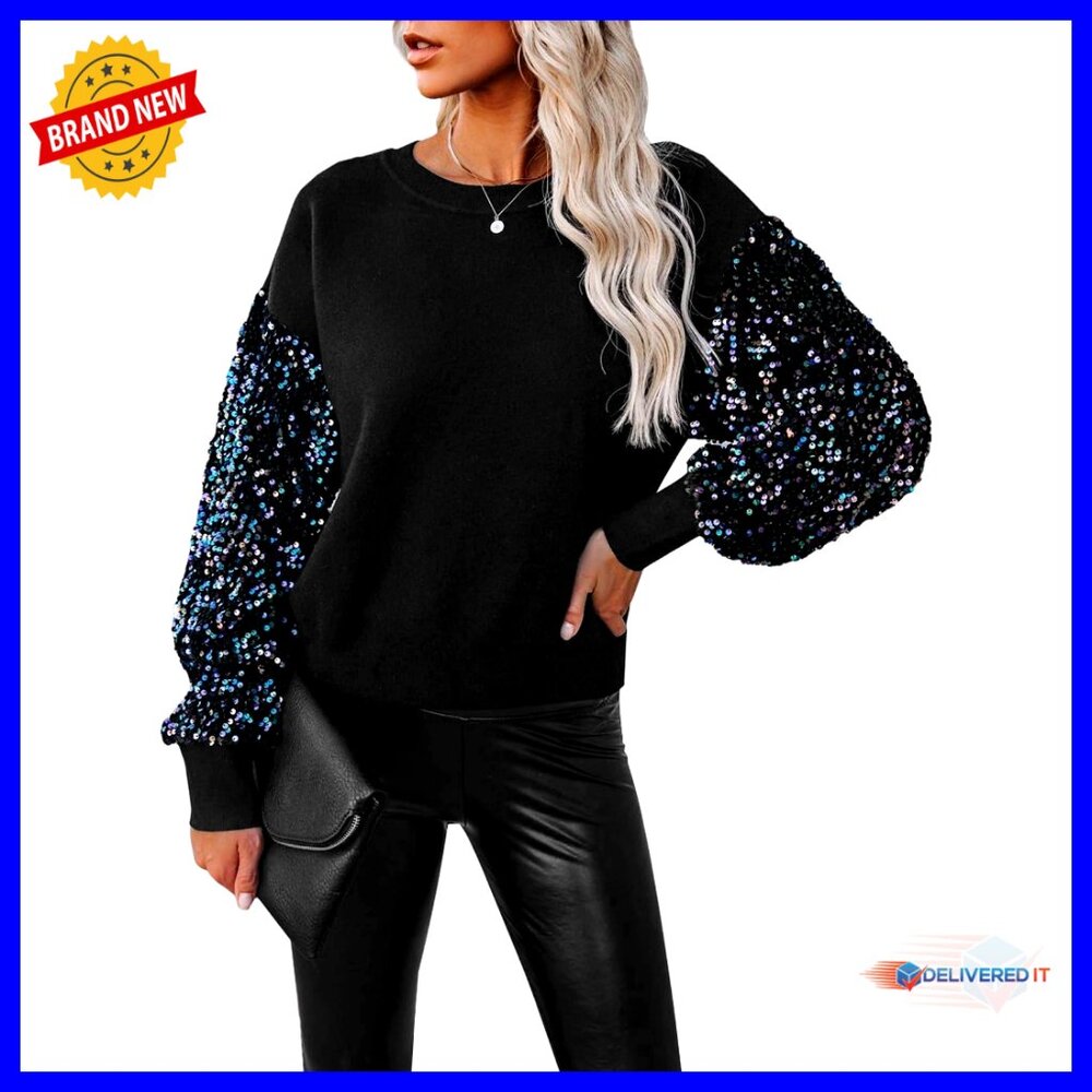 Sequin Patchwork Pullover Sweater Crewneck Long Sleeve Sparkle Chic Casual